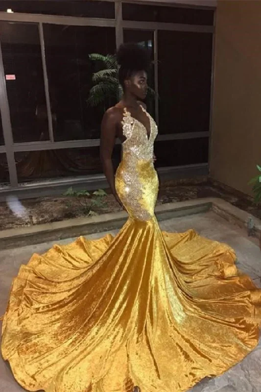 Hurry In Elegant V-Neck Sleeveless Mermaid Appliques Yellow Prom Party Gowns