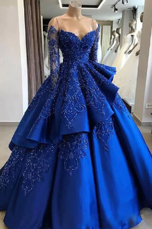 Super Sale Gorgeous Royal Blue Lace Ruffled Prom Party Gowns| Strapless Sweetheart Beads Quinceanera Dresses