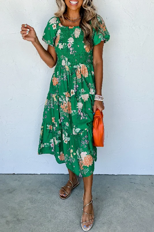 Huge Discounts Green Floral Print Bubble Sleeve Smocked Tiered Midi Dress