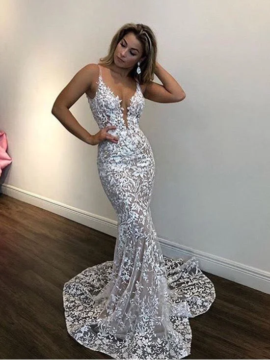 Midnight Sale Lace Prom Dresses Straps Mermaid Short Train Long Sparkly Sexy Prom Dress JKL1239
