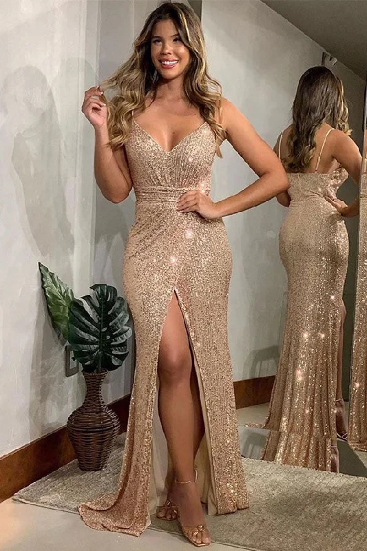 YEAR-End Clearance Shining Golden Spaghetti Strap V-neck Sequin Prom Dresses On Sale with Chic High Split YEAR-End Clearance Shining Golden Spaghetti Strap V-neck Sequin Prom Dresses On Sale with Chic High Split