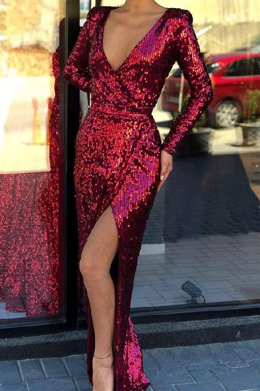 Closeout Charming Burgundy Deep V-neck High Slit Sequined Evening Gowns