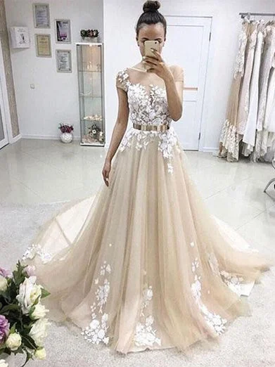 Daily Specials Beautiful Prom Dresses A-line Sweep Train Appliques Long Charming Prom Dress JKL1131
