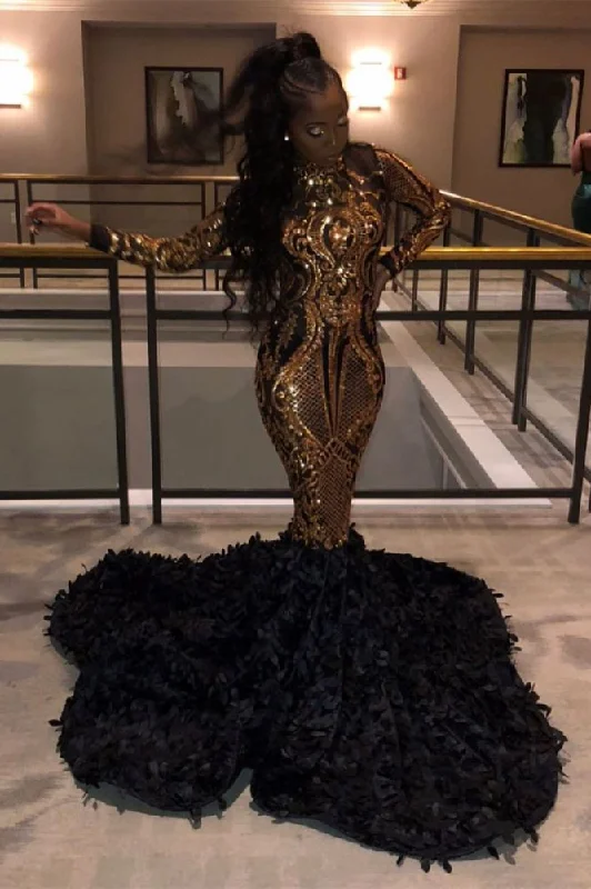 Discount Days Golden Metallic Sequined Black High neck Mermaid Prom Party Gowns with Fur