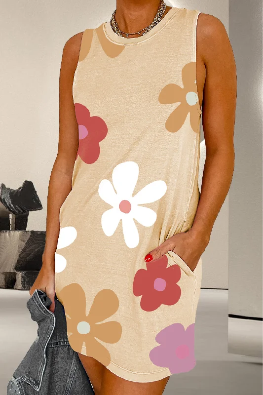 casual slip dressPocketed Printed Round Neck Tank Dress