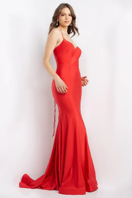 high-waisted dressJovani JVN07643 size 10 Red Prom Dress Simple Jersey Sweetheart Neckline Corset Back