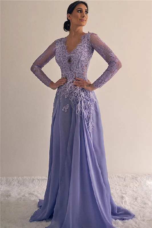 Buy Now A-line V-neck Lace Formal Dresses Long Sleevess Lilac Evening Gowns