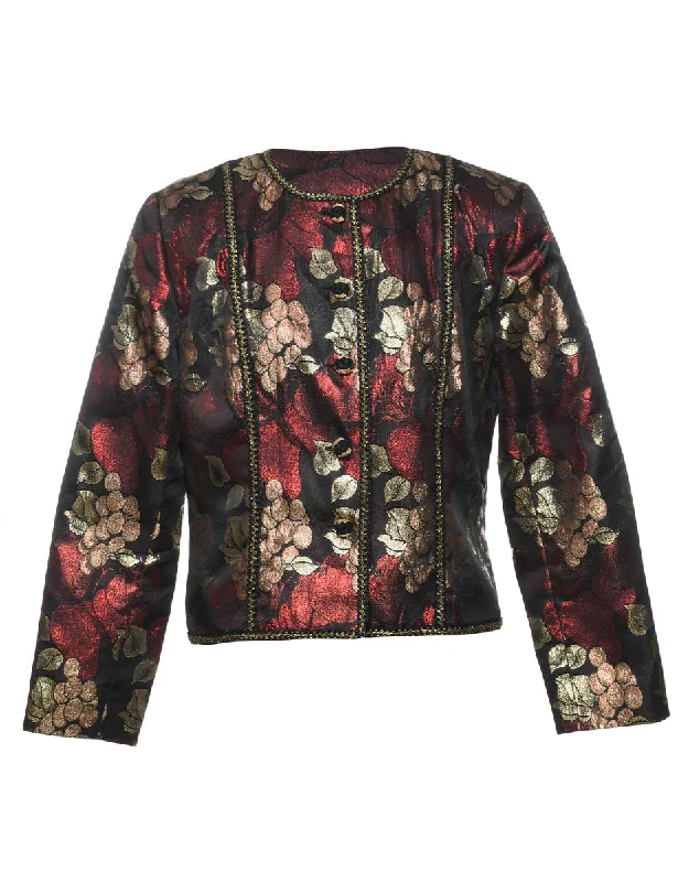 stylish rain jacketFloral Pattern Maroon & Silver Metallic Evening Jacket - M