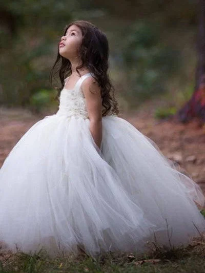 One-DAY Sale Flower Girl Dresses Long Ball Gown Straps Hand-Made Flower Tulle JKF014