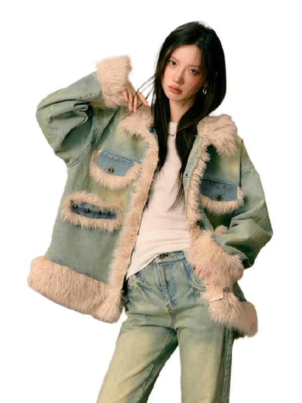 casual puffer jacketDenim Fuzzy-Trim Jacket