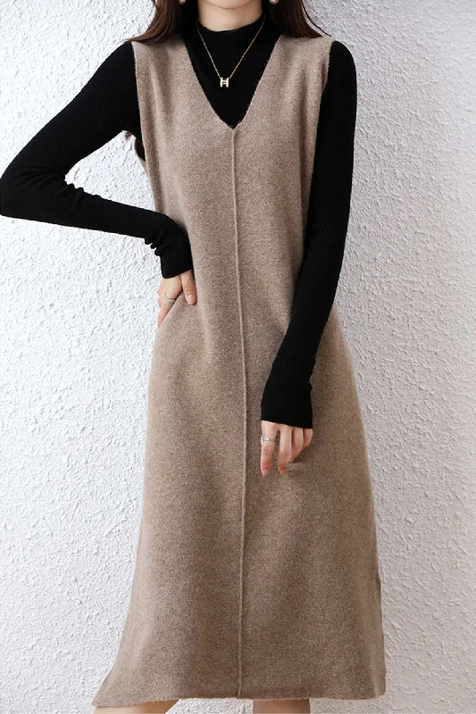 Super Sale trendy bodycon dressV Neck Solid Color Wool Tank Dress