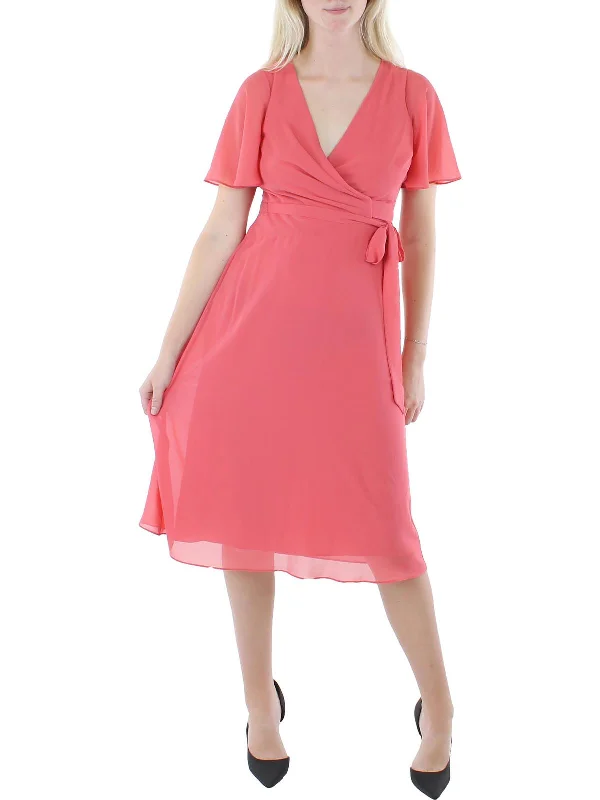 evening dressGeorgette Womens Faux Wrap Knee Wrap Dress