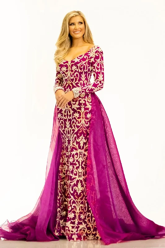 statement dressJohnathan Kayne 2334 Size 4, 10 Magenta Evening Gown Long Sleeves Overskirt