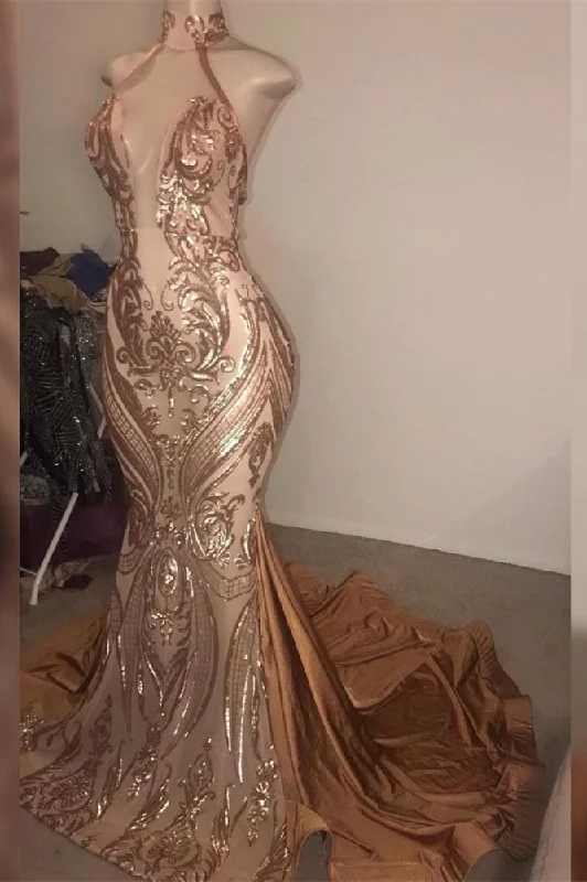 Inventory Reduction Gorgeous High neck Golden Mermaid Long Prom Party GownsReal Model Series