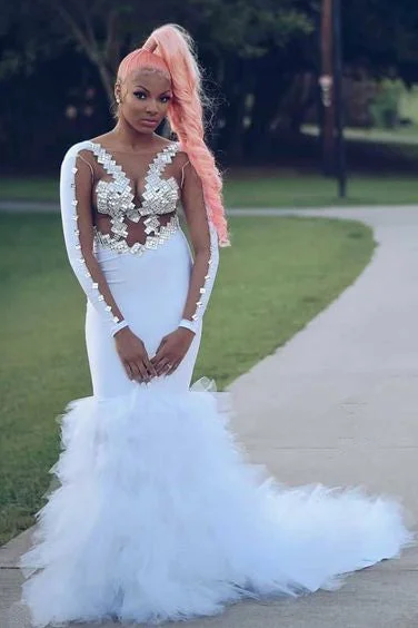 Blowout Sale Chic Illusion Long Sleevess Sequins Tulle Train Mermaid White Prom Dresses