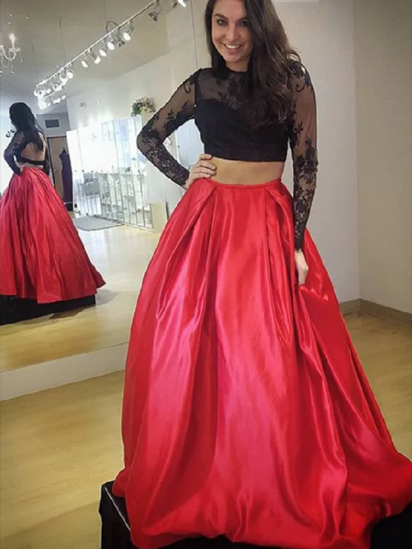 Buy Now Two Piece Long Sleeve Prom Dresses Black and White Prom Dress Lace Evening Dress JKL1143