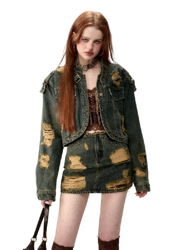 Year-End Sale casual trench coatDouble-Layer Distressed Denim Jacket