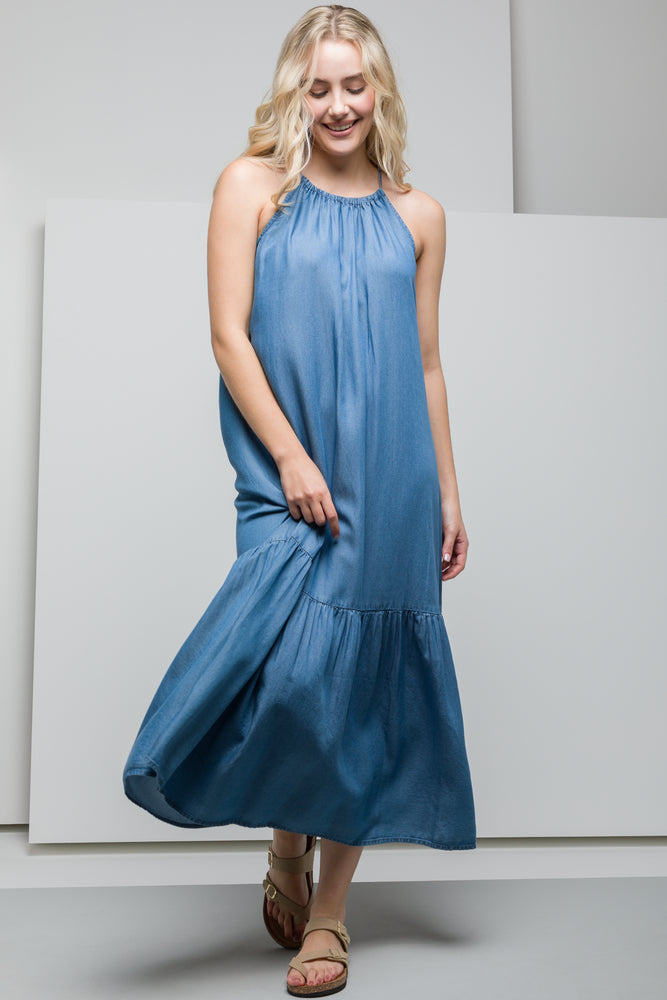 Super Savings casual evening dressTiered Halter Neck Denim Dress Blue