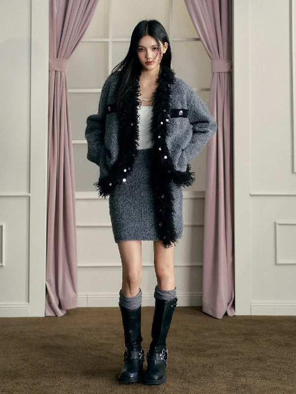 Crazy Savings wool-blend coatGray Tassel Cardigan & Skirt Set