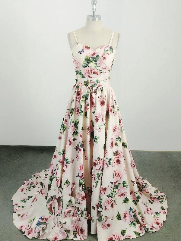 Final Clearance Floral Print Prom Dresses A-line Spaghetti Straps Sweep Train Chic Long Prom Dress JKL1259 Final Clearance Floral Print Prom Dresses A-line Spaghetti Straps Sweep Train Chic Long Prom Dress JKL1259