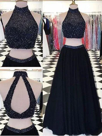Deep Discounts Black Two Piece Prom Dresses Beading Aline High Neck Long Sparkly Prom Dress JKL1091