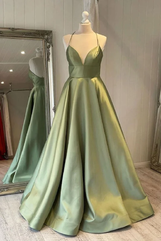 Best Deals Green Simple A Line Satin Spaghetti Straps Long Prom Dresses
