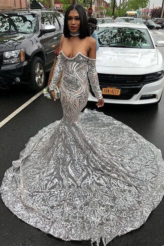 Factory Direct Sale Trendy Long Sleeves Sweetheart Silver Sequined Luxurious Prom Party GownsNew Arrival