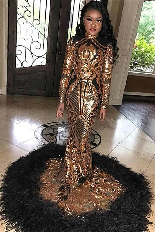Deal Explosion Golden Appliques High Neck Long Sleevess Feather Train Mermaid Prom Dresses