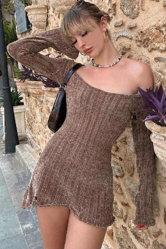 Closeout summer floral dressBrown Off Shoulder Mini Dress