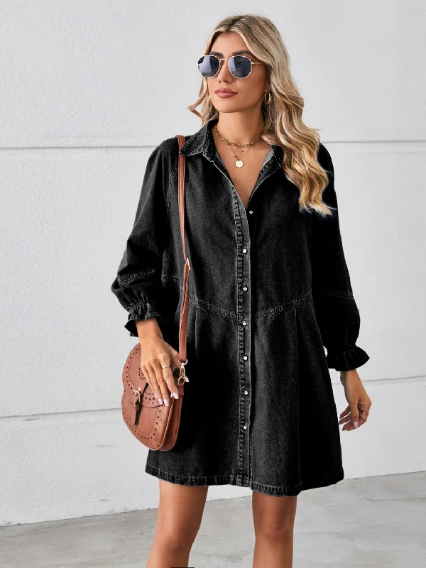 elegant shift dressButton Up Flounce Sleeve Mini Denim Dress