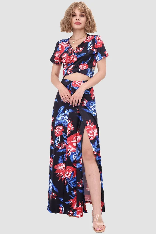 Act Fast summer floral dressV-neck Printed Waist-revealing Two-piece Dress