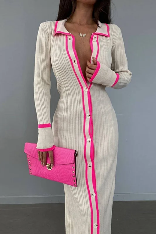 Major Savings comfy maxi dressLapel Contrast Single-breasted Ribbed Dress