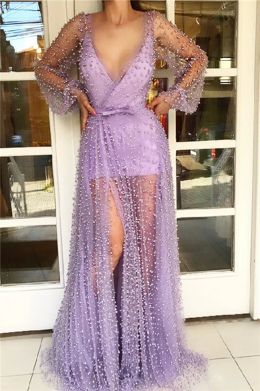 Special Discount Chic V-neck Long Sleevess Prom Party Gowns with See Through Skirt Chic Tulle Pink Long Prom Party Gowns with Pearls