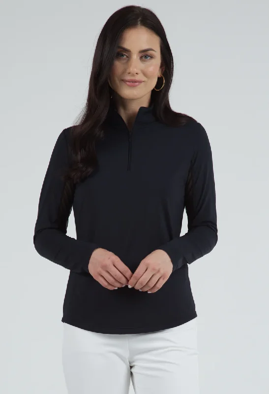 fitted jacketIBKUL Women's Long Sleeve Mock Neck 1/4 Zip Top- Black