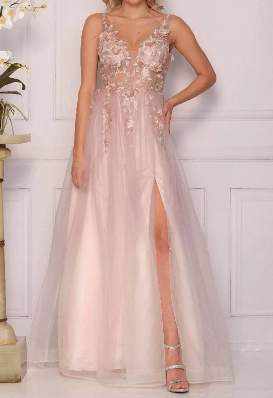 sleek dressFloral Applique Tulle Gown In Mauve Pink