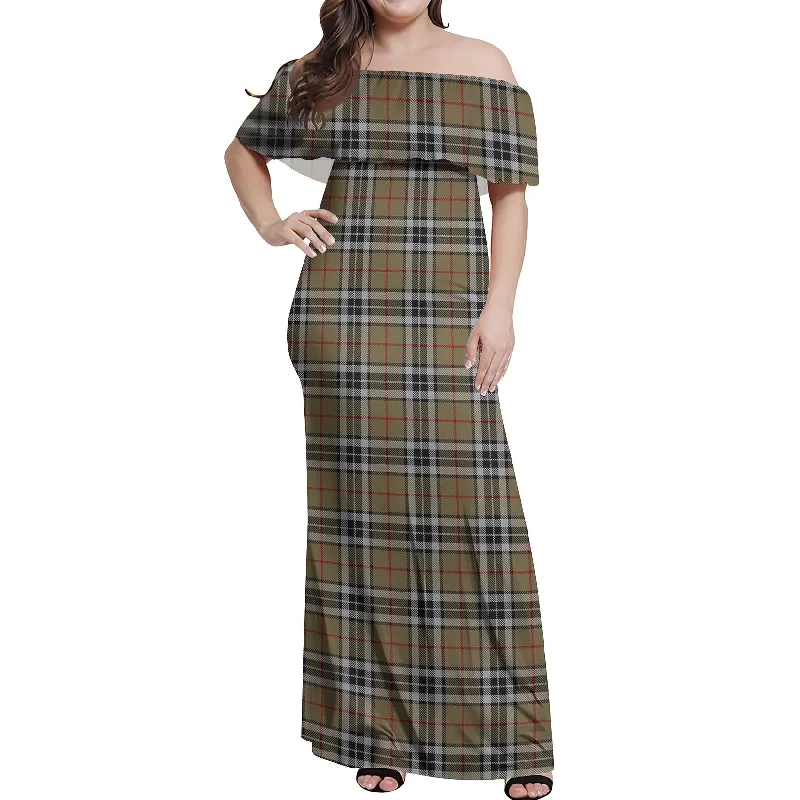 Early Access Thomson Camel Tartan Off Shoulder Long Dress