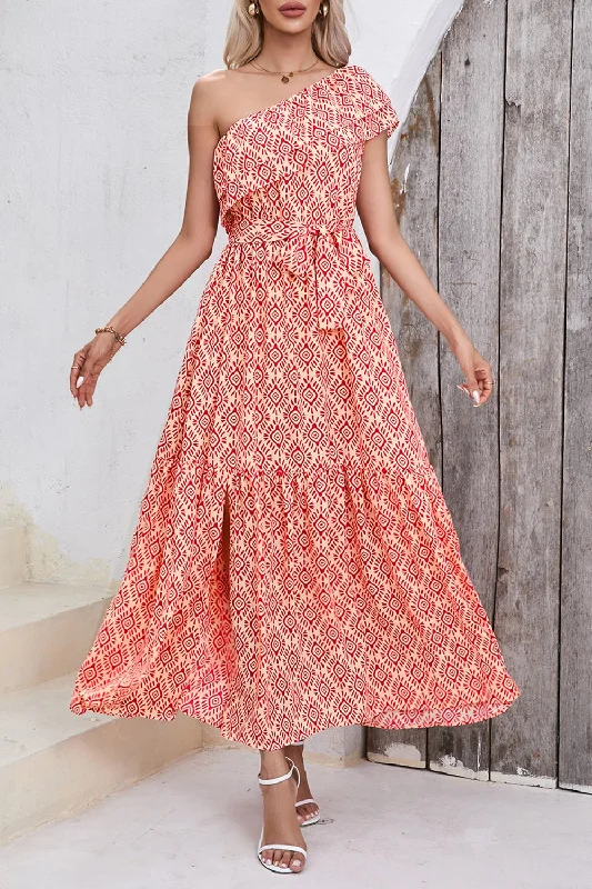 boho dressSlit Printed Single Shoulder Tie Waist Dress