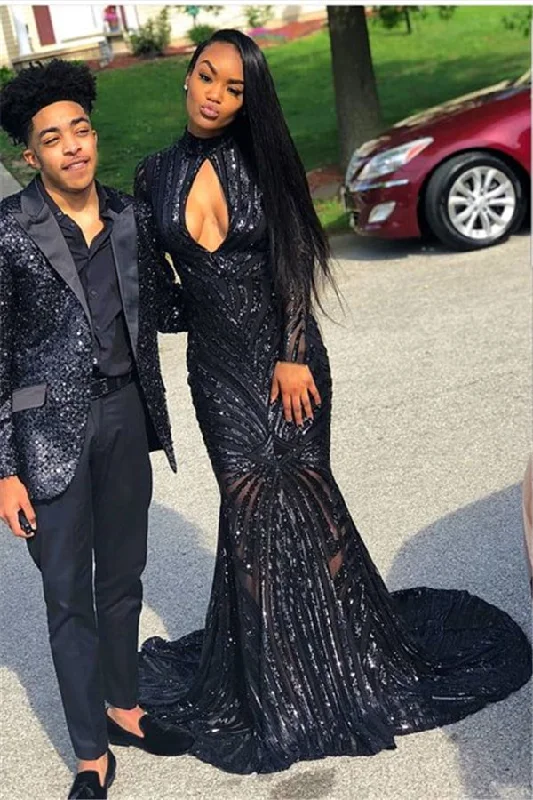 Now or Never Keyhole Neckline Long Sleevess Beading Sequins Mermaid Prom Dresses
