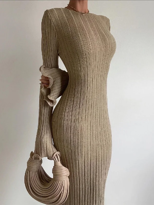 Best Bargains ruched dressMona O Neck Knitted Long Sleeve Maxi Dress
