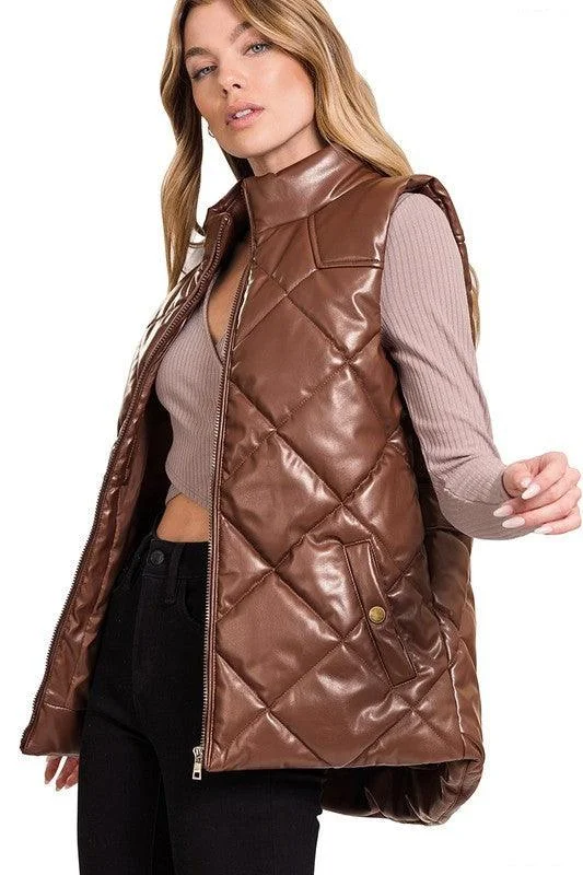 cozy outdoor jacketWomens Chocolate Vegan Leather Puffer Vest