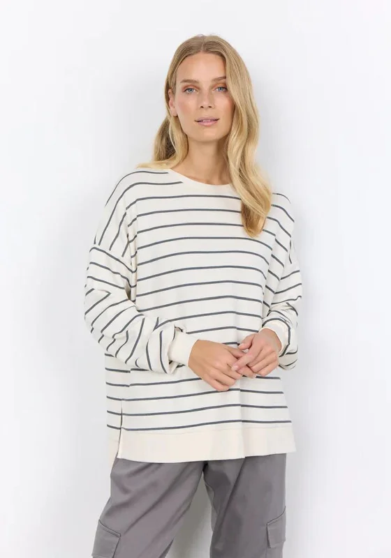 YEAR-End Clearance fleece hoodie for winterSoyaconcept Barni Round Neck Striped Sweatshirt, Cream