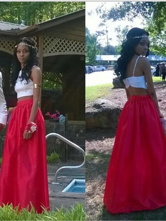 Price Rollback Two Piece Prom Dresses White and Red A-line Long Simple Chic Prom Dress JKL1006