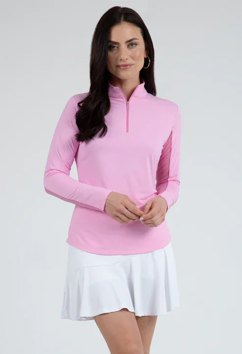 high-quality jacketIBKUL Women's Long Sleeve Mock Neck 1/4 Zip Top- Candy Pink