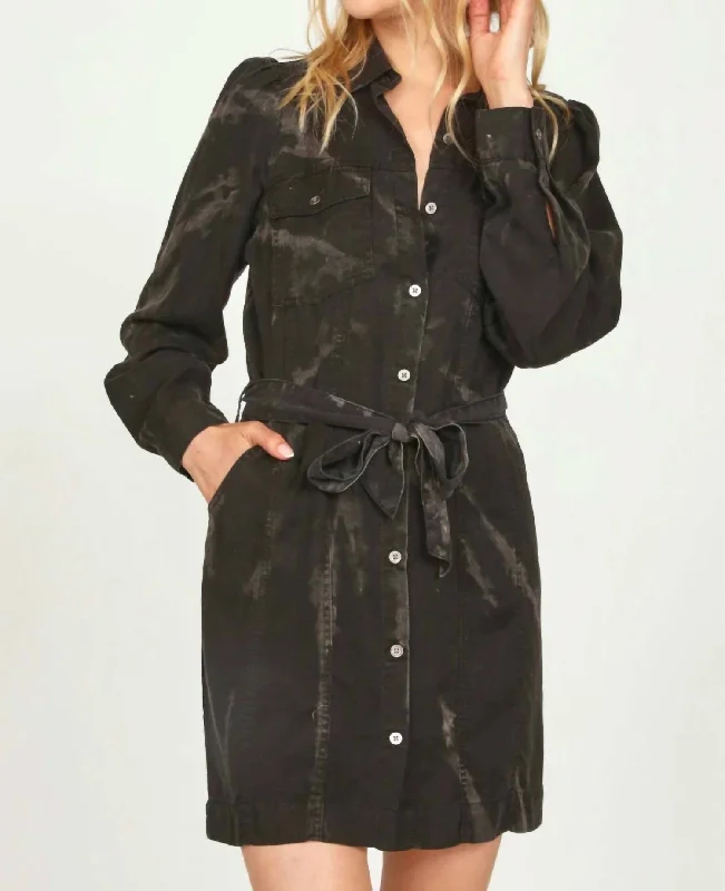 Deal Dash casual midi dressWoodland Tie Dye Puff Sleeve Dress in Black