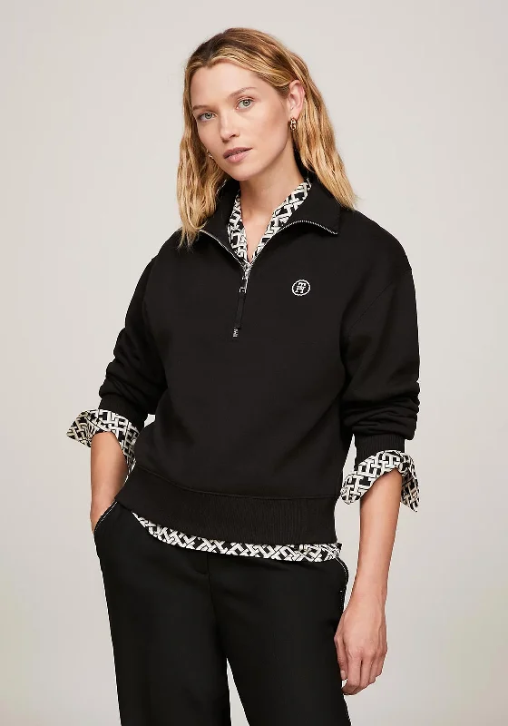 Closeout cozy hooded sweatshirtTommy Hilfiger Womens Monogram Cropped Half- Zip Sweatshirt, Black