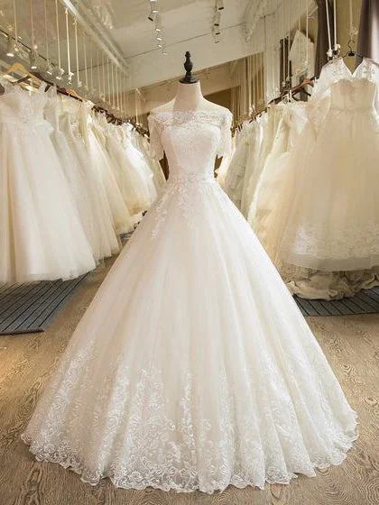 Price Rollback Beautiful Wedding Dresses Off-the-shoulder Ball Gown Lace Ivory Bridal Gown JKS243