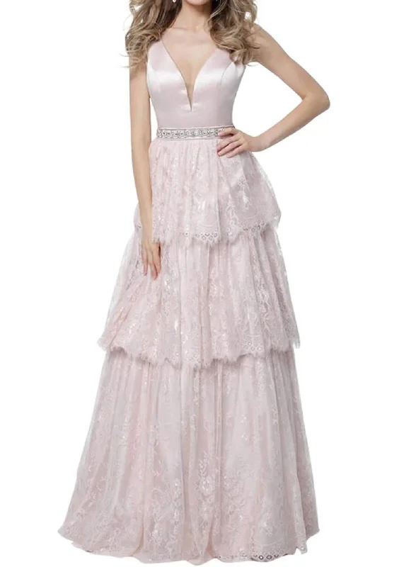 satin midi dressTiered Lace Gown In Petal Pink