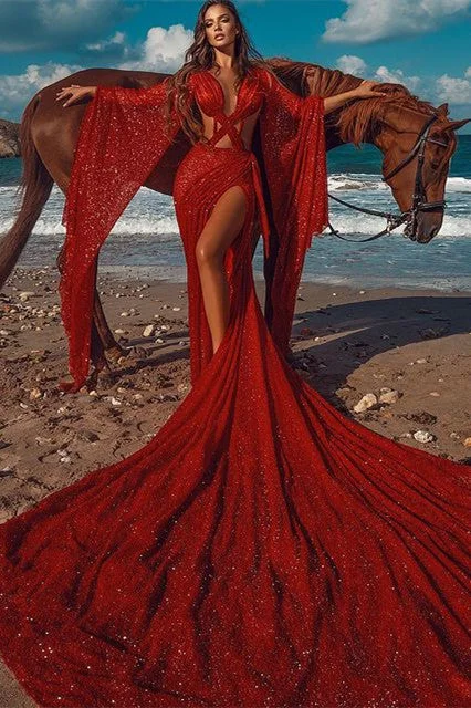 Deal Dash Sparkle Red Extreme Long Train Chic Criss-cross Long Sleevess Prom Party Gowns