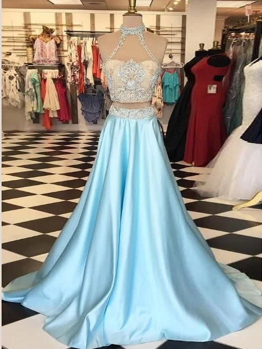Super Bargain Two Piece Prom Dresses A line High Neck Beautiful Prom Dress Sexy Evening Dress JKL1054