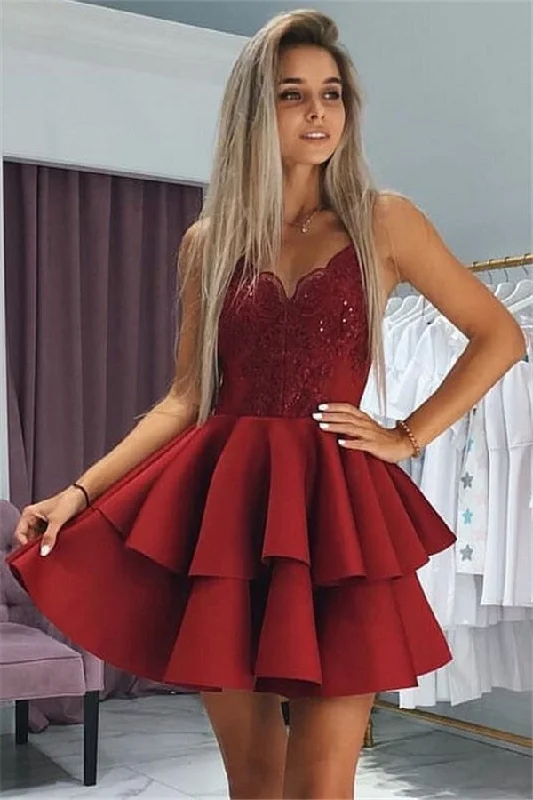 Anniversary Sale Elegant Layers Homecoming Dresses Spaghetti Straps Lace Hoco Dresses with Appliques